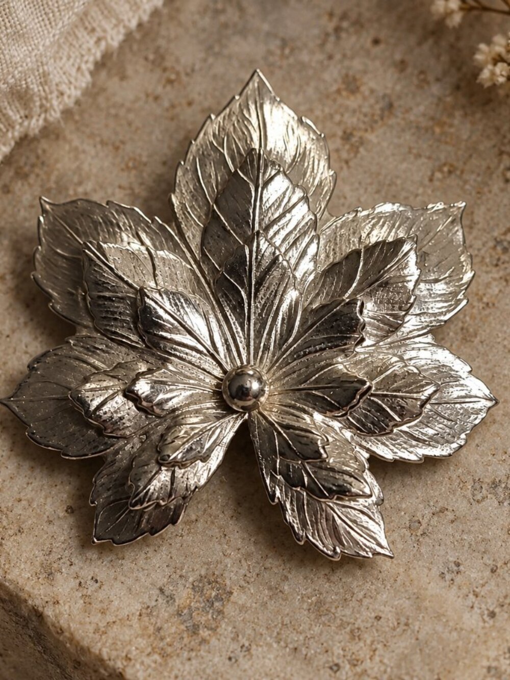 Vintage 1950s SAC Silver Tone Layered Leaf Brooch